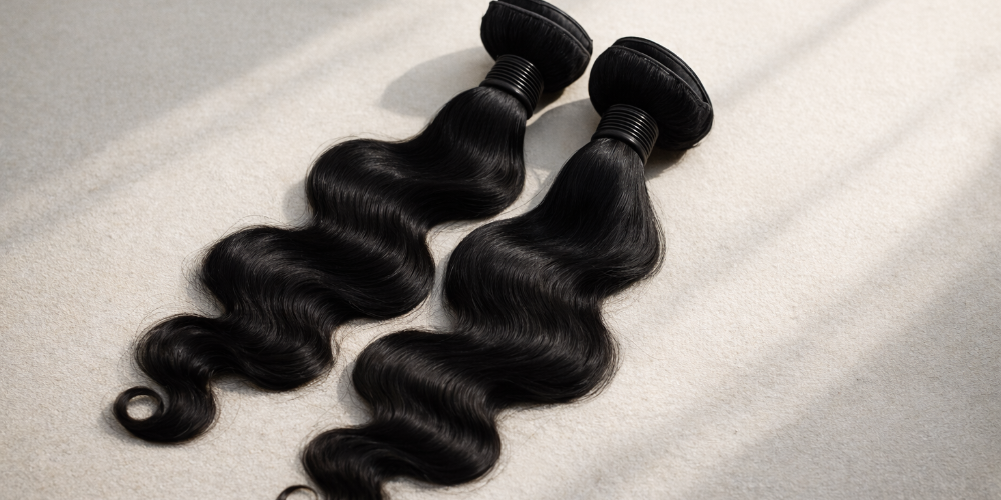 bundles of black hair extensions on a light gray background